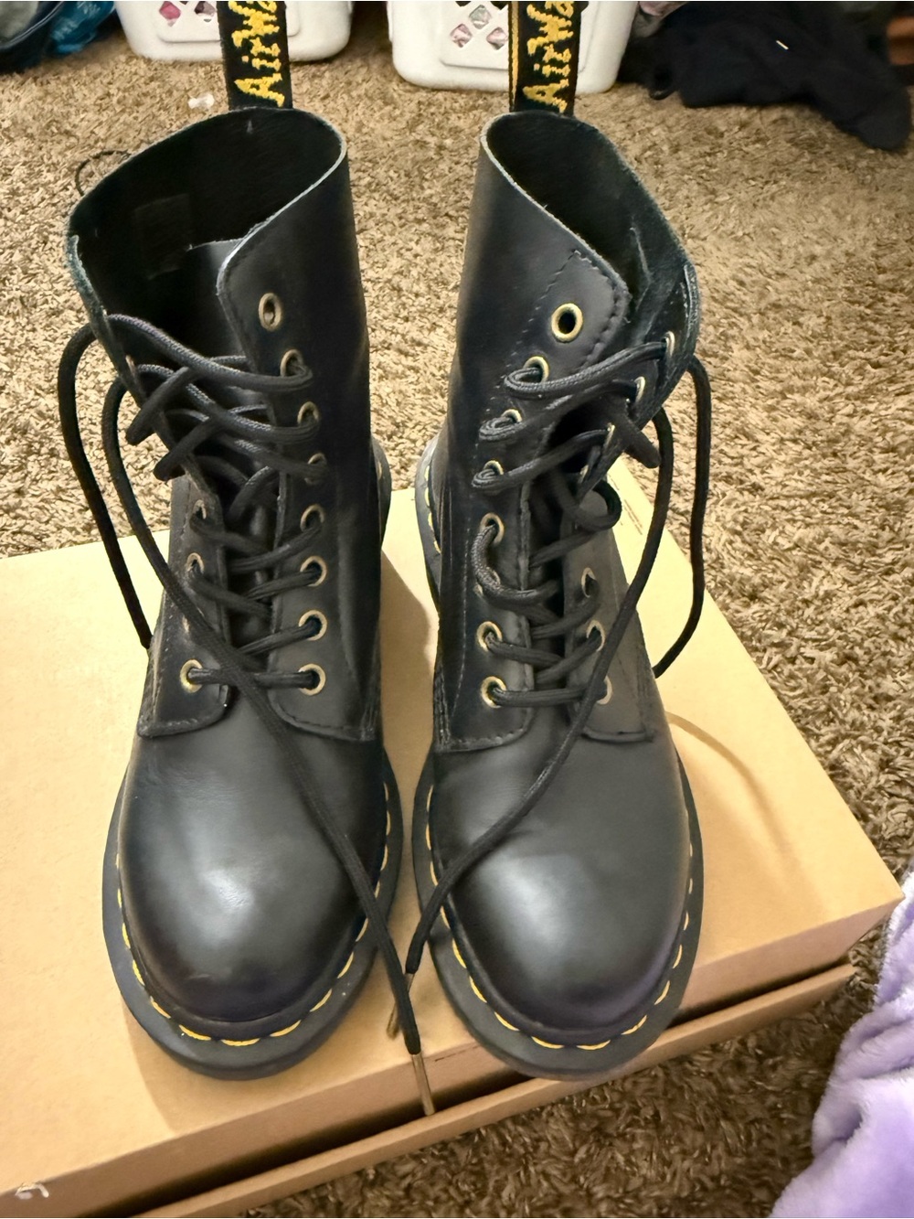 Dr. Martens Black Leather Lace-Up Combat Boots with Yellow Stitching